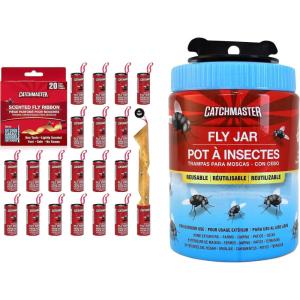 imageCatchmaster Fly Trap Bundle Fly Ribbon 20Pack ampamp Outdoor Fly Jar for Garage Backyard Pool Patio ampamp Camping