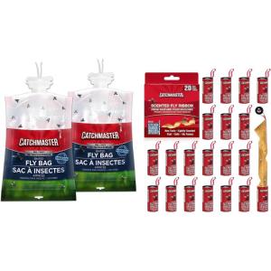 imageCatchmaster Fly Trap Bundle Fly Bag 2Pack ampamp Fly Ribbon 20Pack Fruit Fly Traps for Indoors ampamp Outdoors for Garage Backyard Pool Patio ampamp Camping